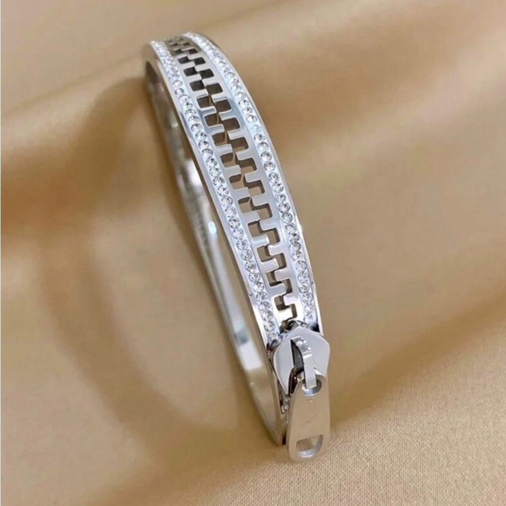 18K White Gold Plated With Diamond Accent Zipper Bangle Bracelet